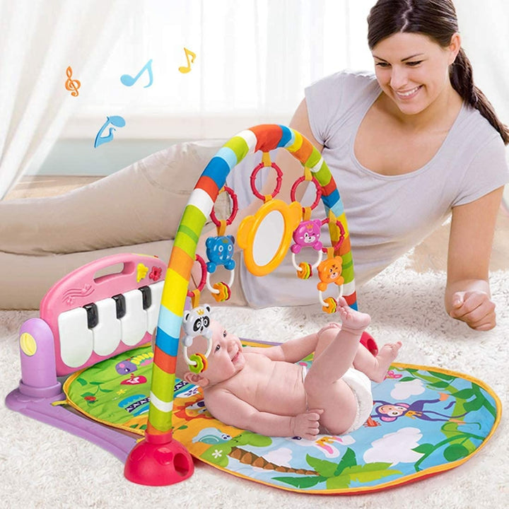 Baby Play Mat Gym & Fitness Rack with Hanging Rattles Lights & Musical Keyboard - Pink