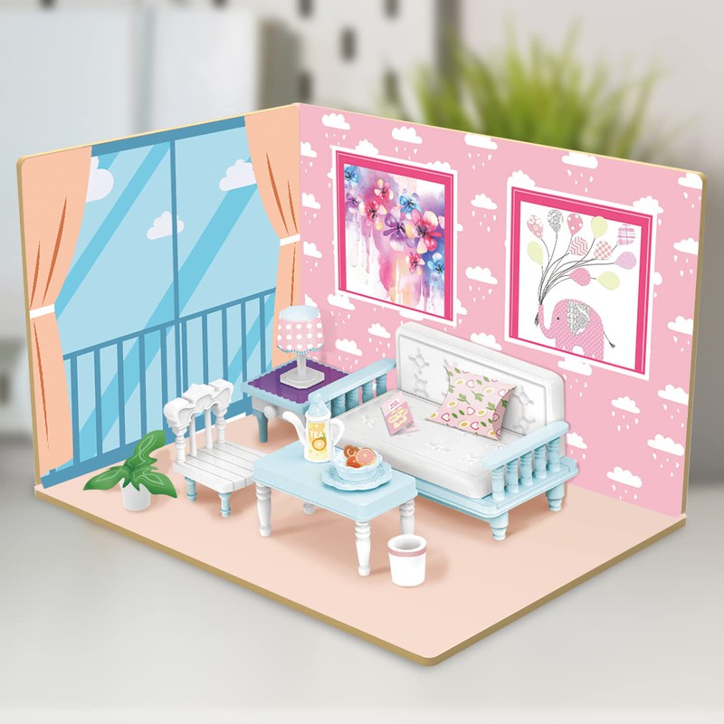 DIY Living Room Wooden Doll House with Plastic Furniture, Dollhouse