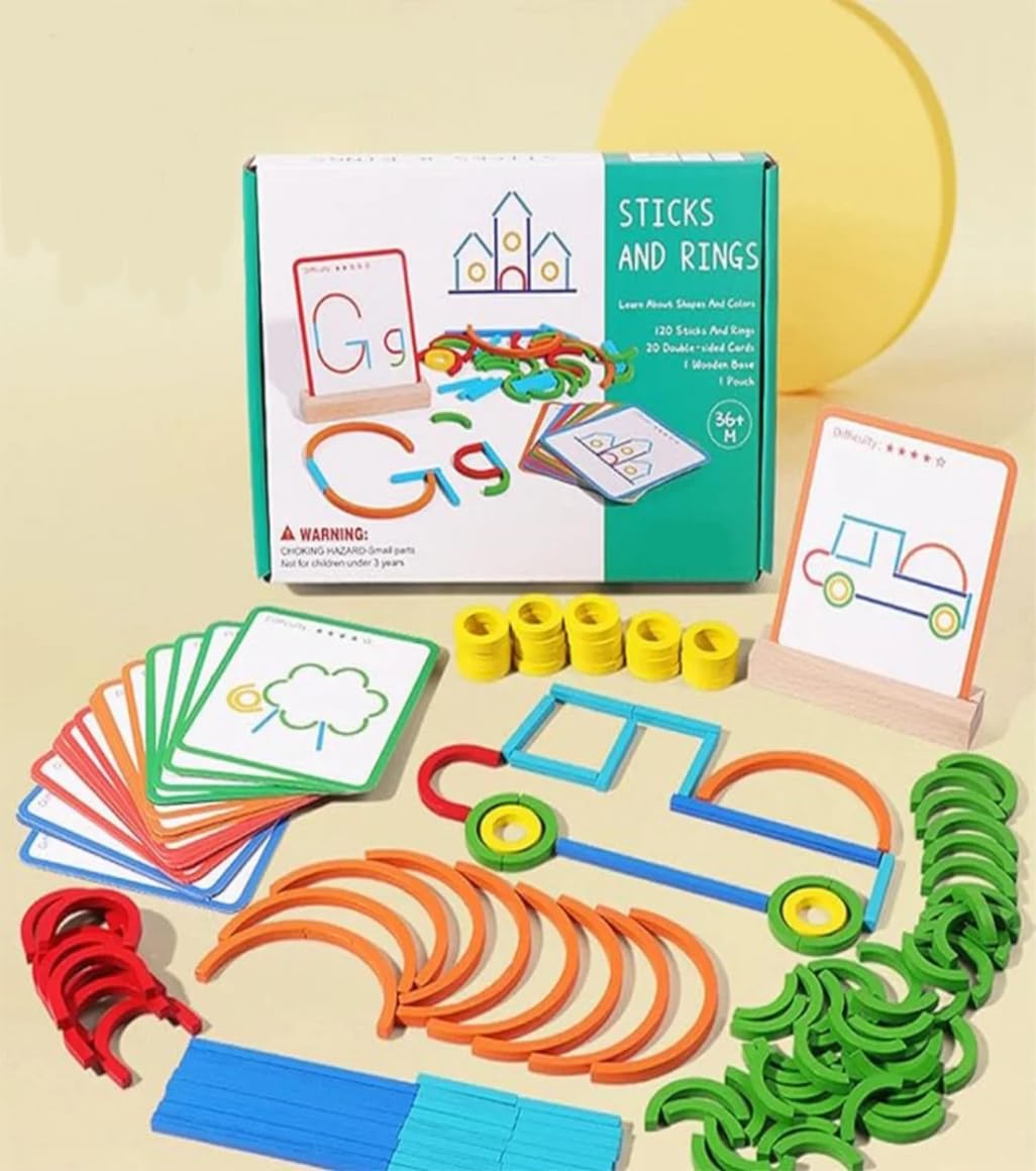 MUREN Wooden Sticks & Rings Puzzle Game - 120 Piece | Montessori Creative Learning Set