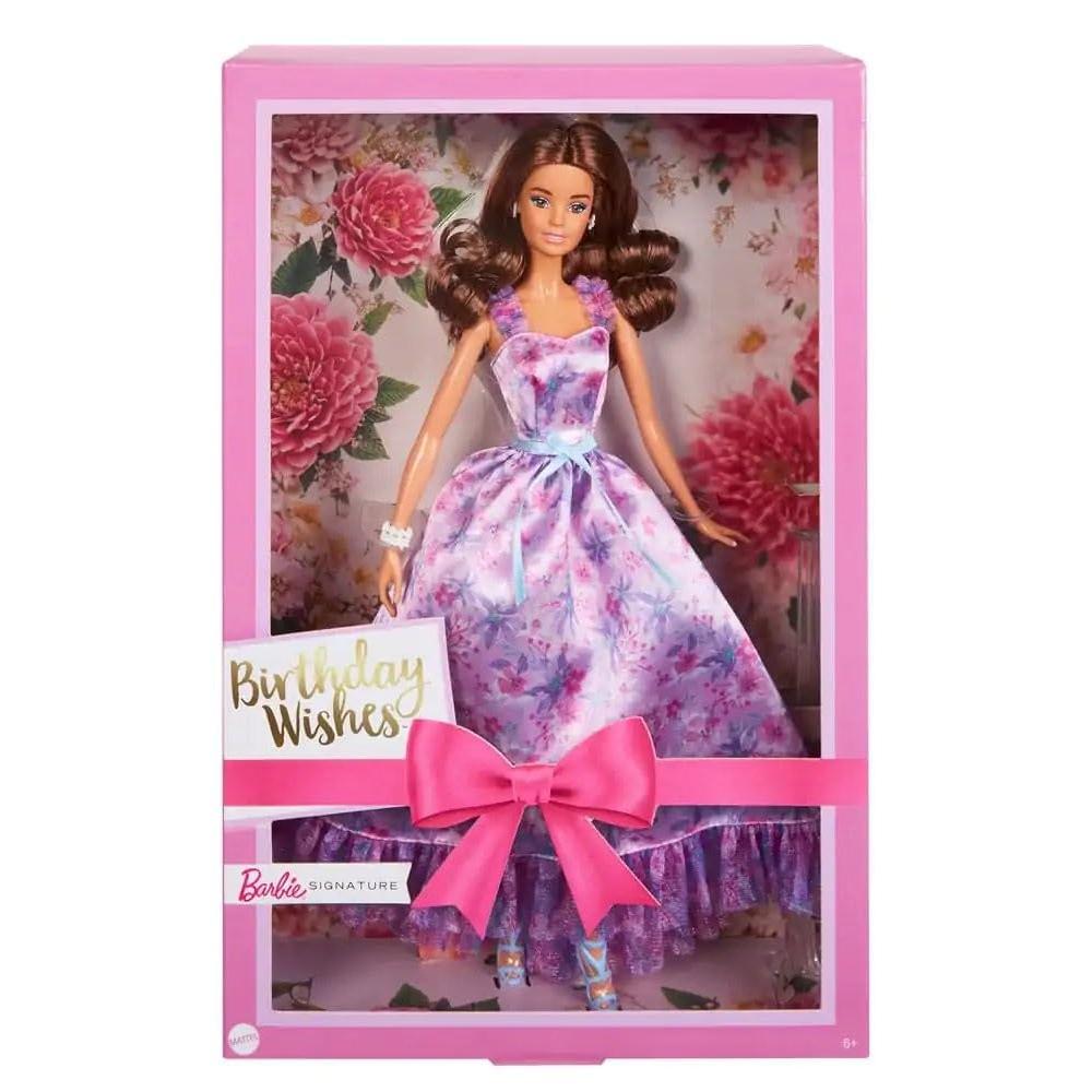 Mattel Original Licensed Barbie Signature Birthday Wishes Doll | Collectible Barbie in Lilac Satin Dress with Wavy Brown Hair