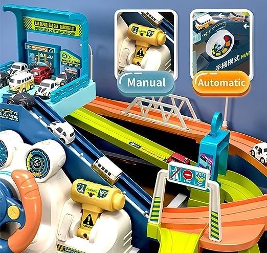Urban Rail Transit Car Race Track Set with 4 Mini Cars | Adventure Parking Building Playset for Kids