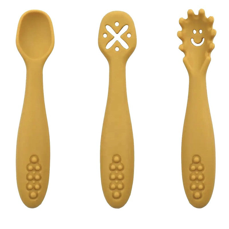 3Pcs Silicon Baby Fork and Spoon Set | Baby Weaning Spoon Set | Self Feeding (Yellow)