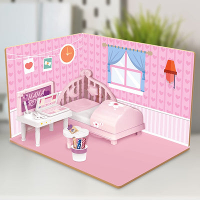 DIY Bed Room Wooden Doll House with Plastic Furniture, Dollhouse