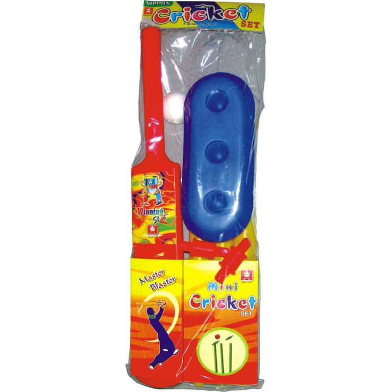 Nippon Cricket Plastic Set with Bag (1 Plastic Bat, 3 Stumps, 2 Bails, 1 Ball, 1 Bag) - New Mini | 3 - 5 years