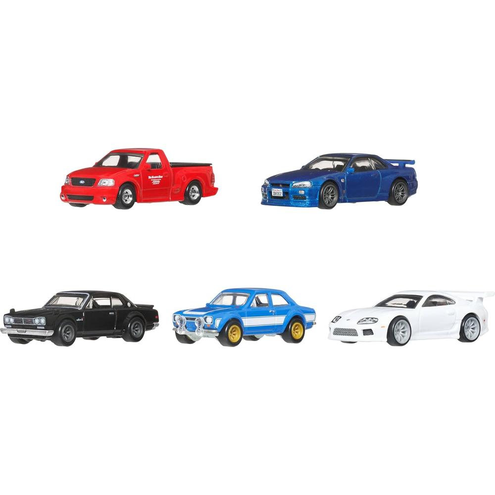 Premium Hot Wheels Set of 5 Fast & Furious Brian O' Conner - 1999 Ford F-150 SVT Lightning, Nissan Skyline GT-R V-Spec II (BNR34), 1970 Ford Escort RS1600, 1971 Nissan Skyline HT 2000 GT-R, Toyota Supra