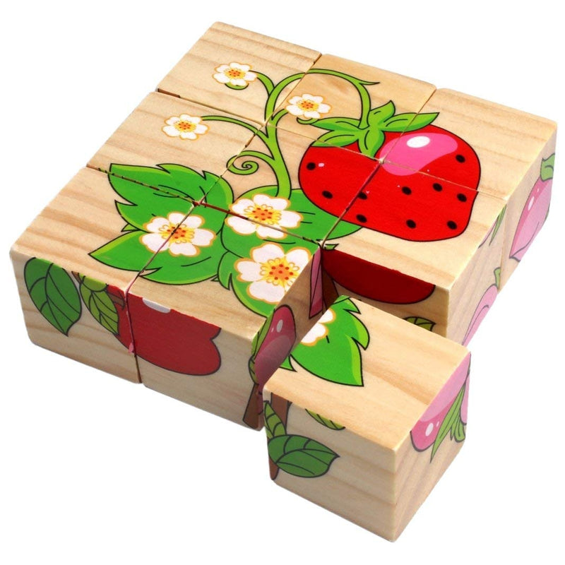 Return Gifts (Pack of 3,5,12) 3D 6 Face Animal Block Puzzle 6 in 1 Wooden Cube Jigsaw Toys (Fruits)