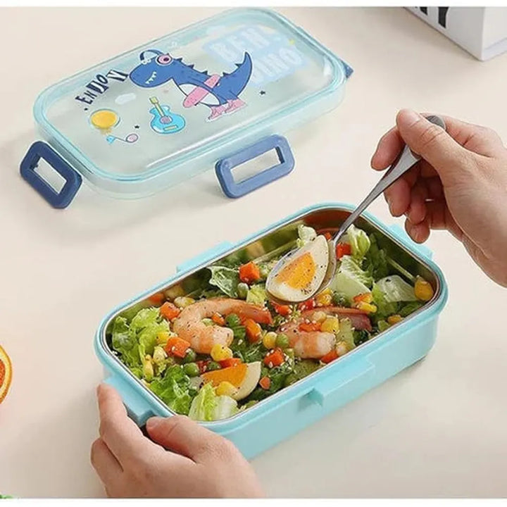 CuddleNest Green Dino Stainless Steel Lunch Box | 700ml + 100ml Soup Bowl