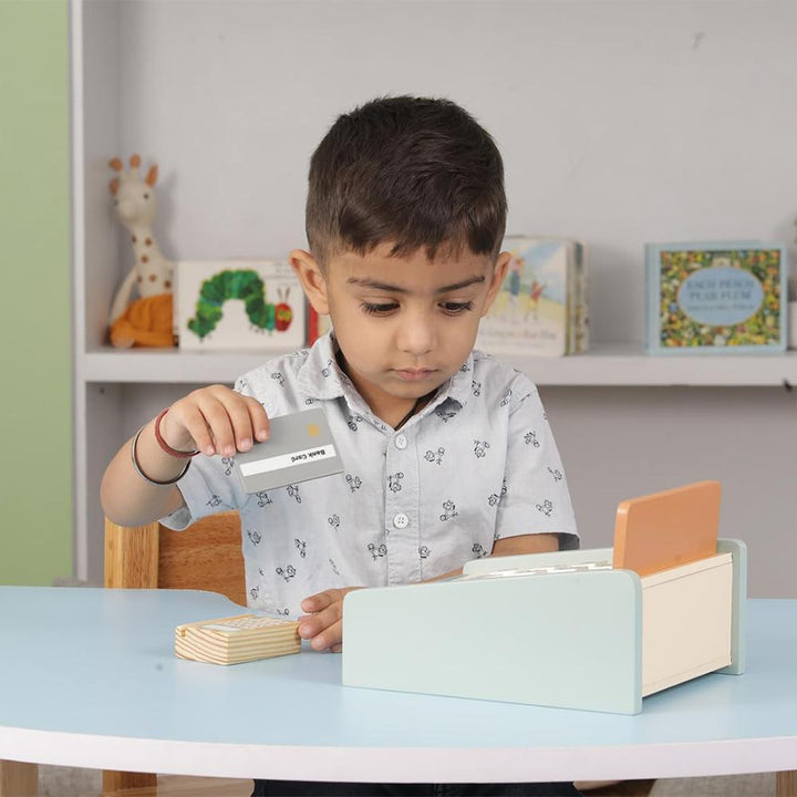 Little Ginnie 15 Pieces Wooden Cash Register Pretend Play Set | Credit Card, Coins & Bills