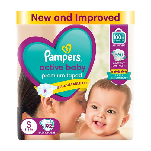 Pampers Active Baby Taped Diapers - S Size | 92 Counts (3-8 kg)