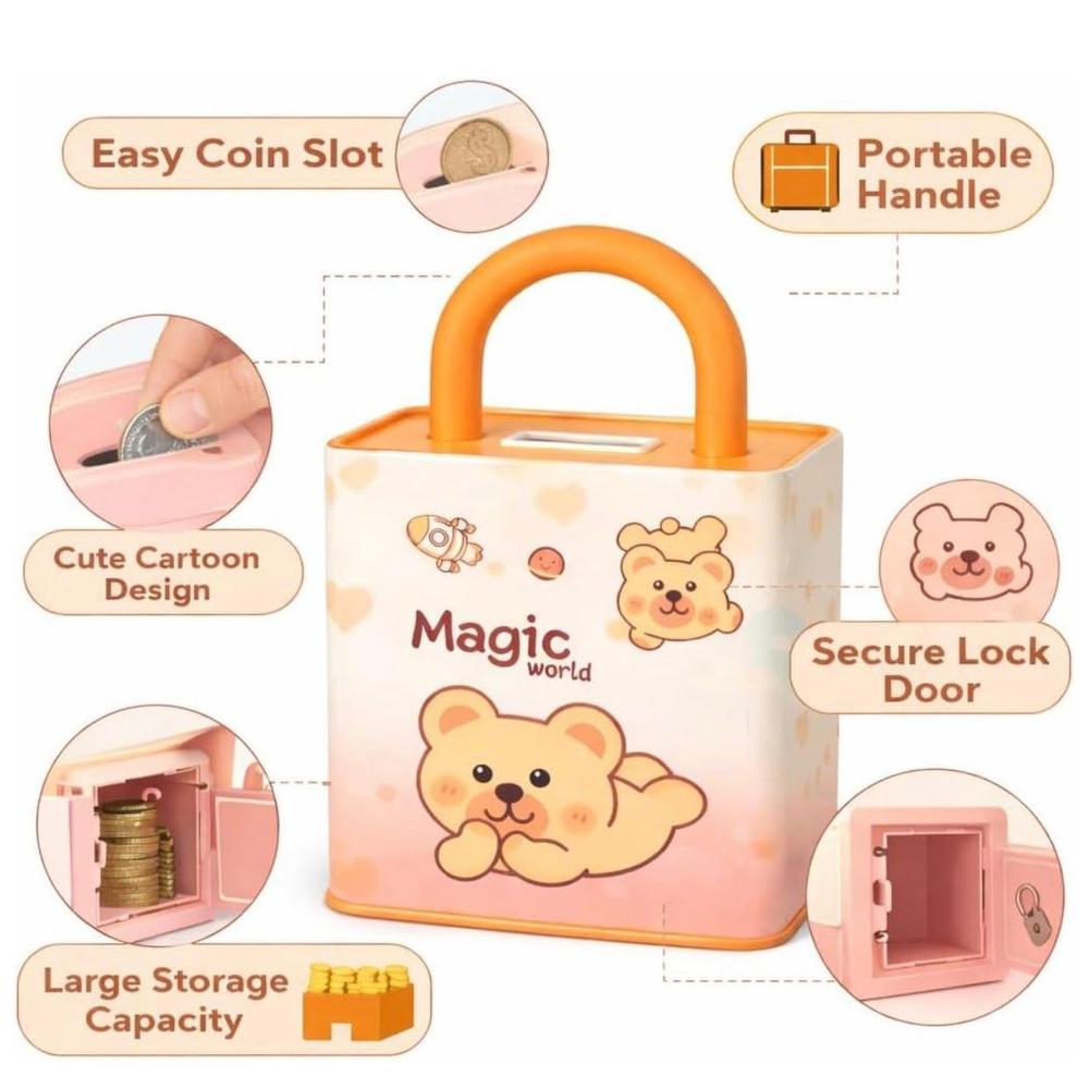 Magic World Cute Cartoon Piggy Bank with Combination Lock | Portable Money Saving & Cash Storage Box for Kids | Mini Coin Bank for Boys & Girls