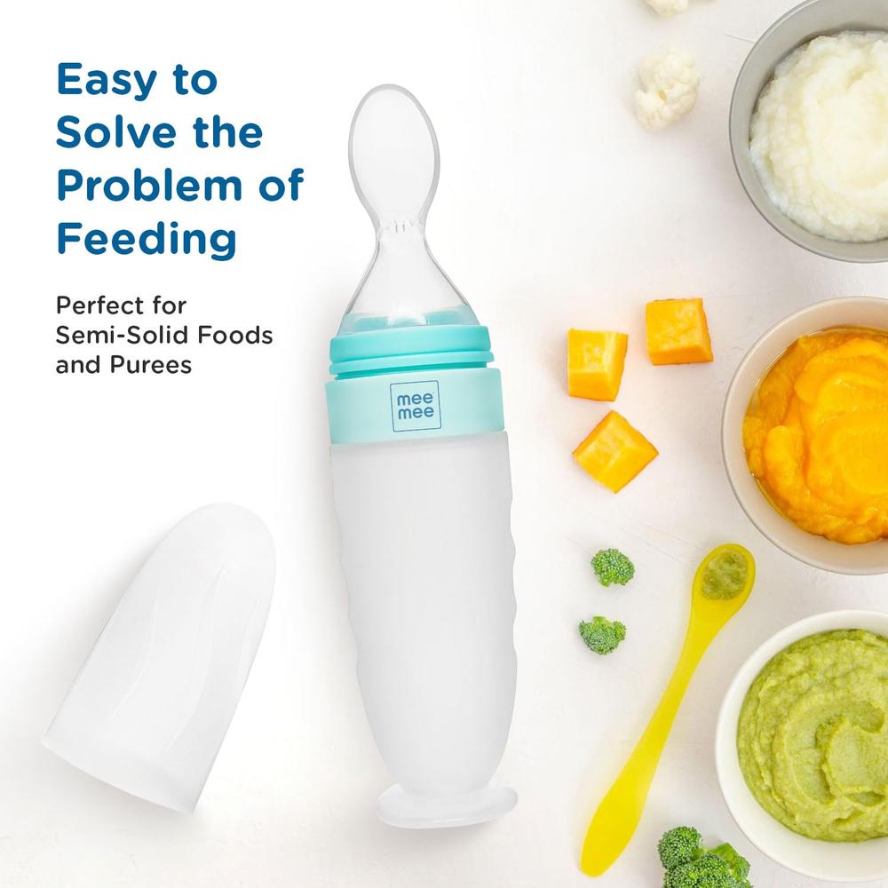 Mee Mee Squeezy Silicone Mini Meal Spoon Food Feeder  with Standing & Suction Base | Easy Grip & Bite Resistant