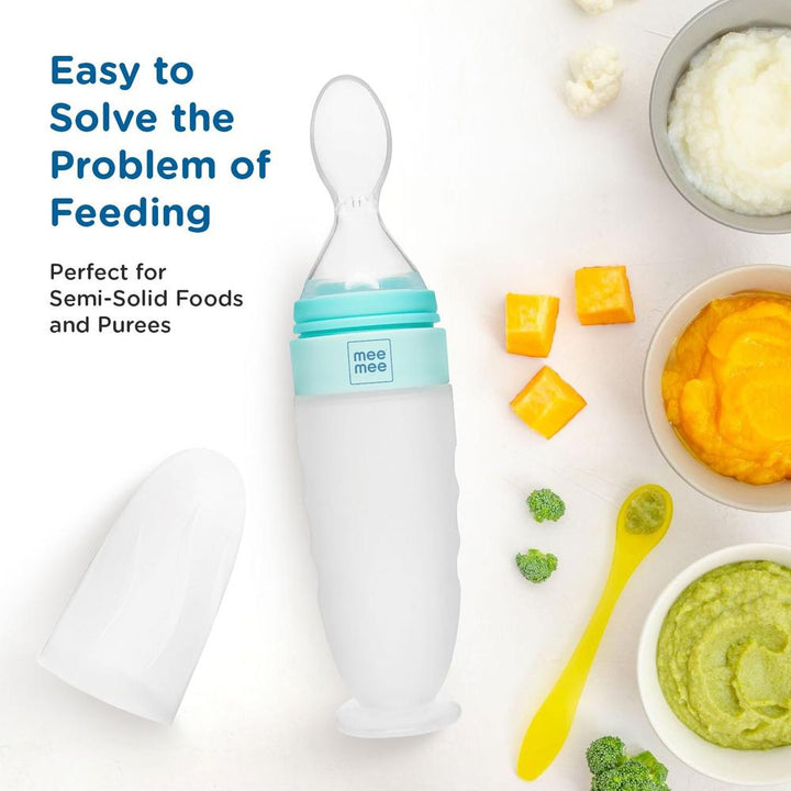Mee Mee Squeezy Silicone Mini Meal Spoon Food Feeder  with Standing & Suction Base | Easy Grip & Bite Resistant