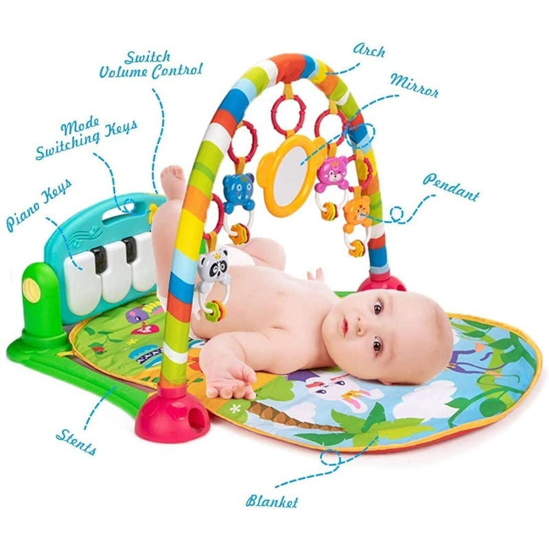 Baby Play Mat Gym & Fitness Rack with Hanging Rattles Lights & Musical Keyboard - Forest Theme