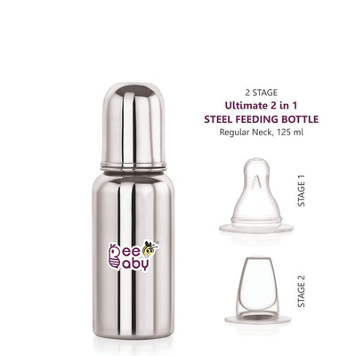 2 in 1 Ultimate Stainless Steel Infant Feeding Bottle for Newborn with Anti Colic Nipple & Silicone Sippy Spout (250 ML)