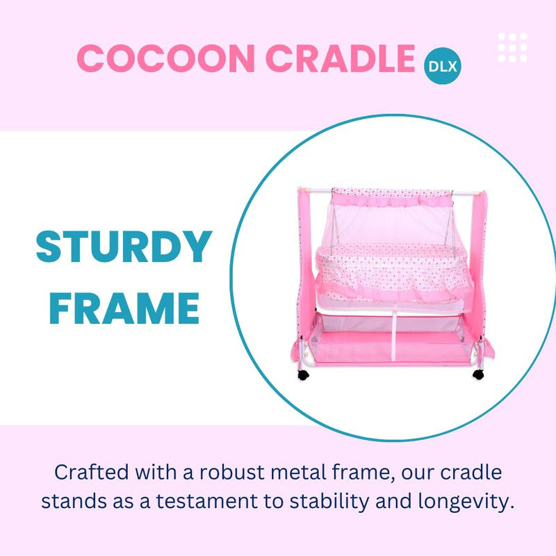 Cocoon Baby Cradle Deluxe | Palna | Jhula - Sturdy Metal Frame, Mosquito Protection Net and Lockable Wheels