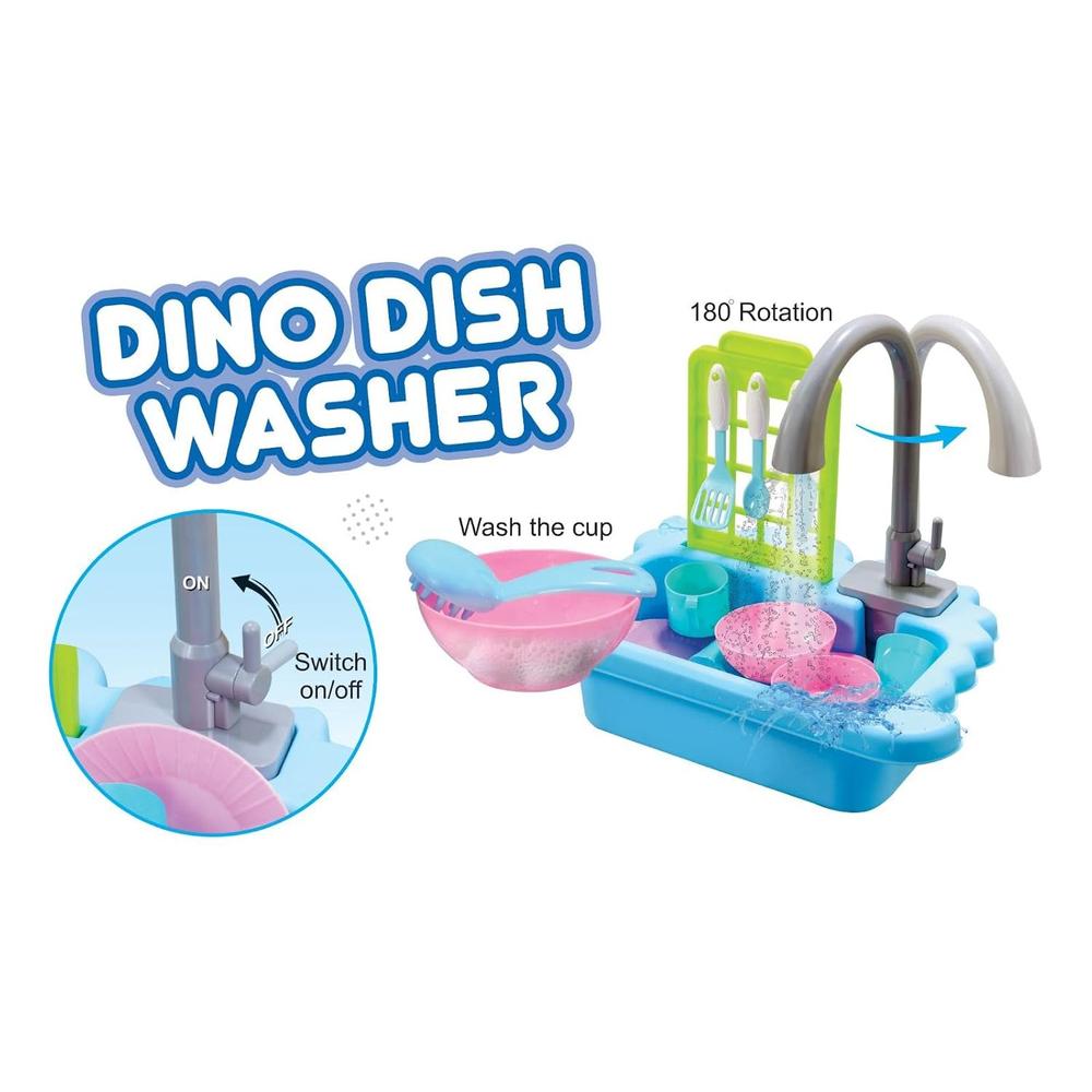 Annie Dino Dishwasher Pretend Playset - 12 Pcs | Pretend Play Kitchen Toy with Water Sink & Utensils