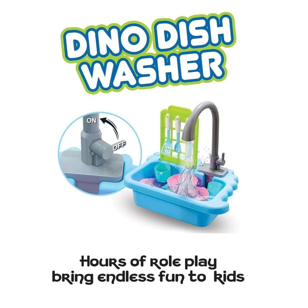 Annie Dino Dishwasher Pretend Playset - 12 Pcs | Pretend Play Kitchen Toy with Water Sink & Utensils