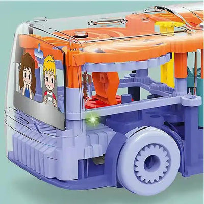Transparent Gear School Mechanical Bus Concept Toys with 3D Colorful Light & Sound Effects 360 Degrees Rotating Simulation Vehicle