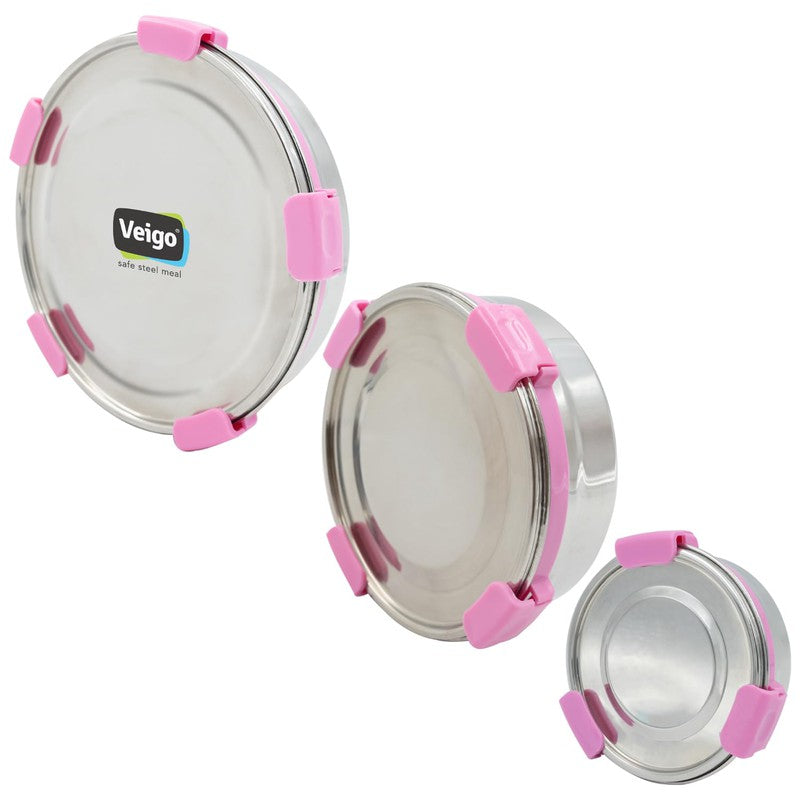 Maxosteel Round Stainless Steel Airtight & Leakproof Lunch Box with Silicon Ring & Lid Lock, Set of 3(325ML+700ML+950ML)