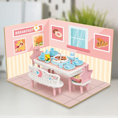 DIY Dining Room Wooden Doll House with Plastic Furniture, Dollhouse