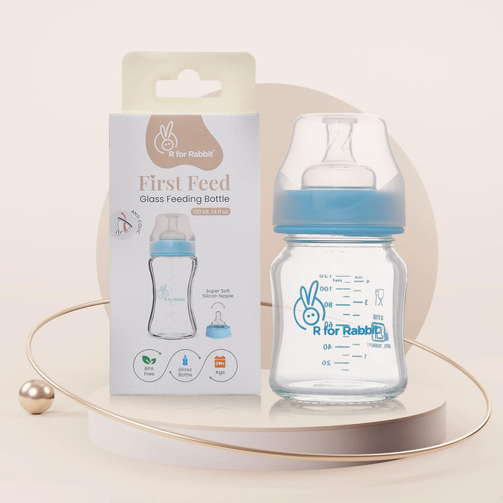 R for Rabbit Glass Feeding Bottle 120ml - Lake Blue
