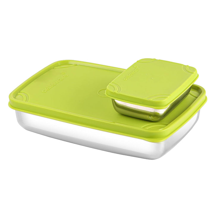 Cello Stainless Steel Max Steel Lunch Box with Air-Tight Lid - 2 Units (200ml, 1.1L) | Green