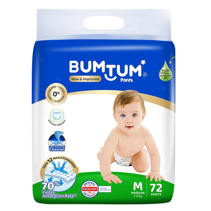 Bumtum (Size-M) New and Improved Diaper | 72 Pants |  | 7-12 Kgs