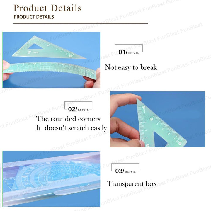 FunBlast 4-in-1 Geometry Ruler Set | Protractor, Set Squares & Rulers for School and Math