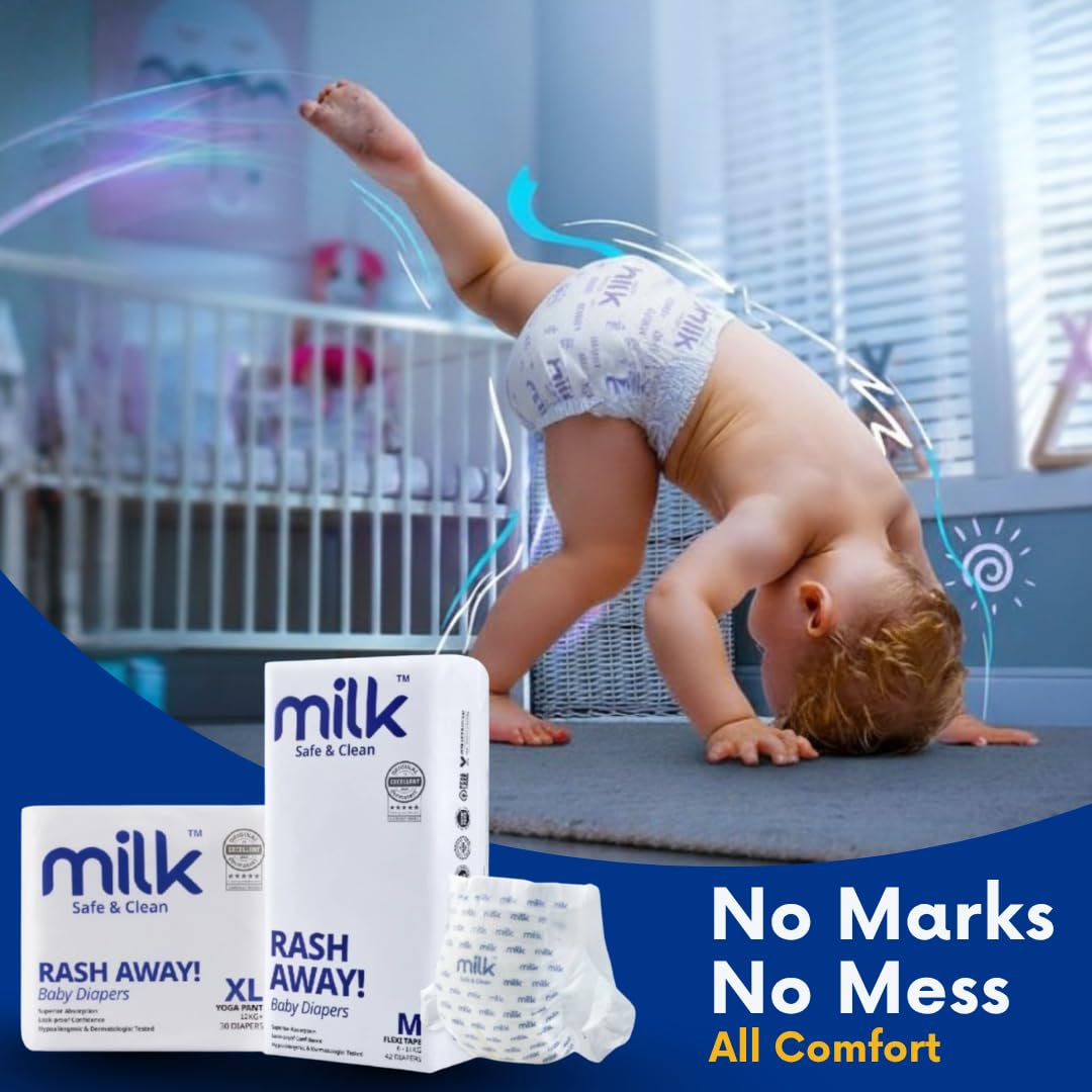 Milk (Size-M) Flexi Tape Baby Diapers | 42 Count | 6-11 kg | Rash Protection, Leak-Proof, Soft & Comfortable Diapers