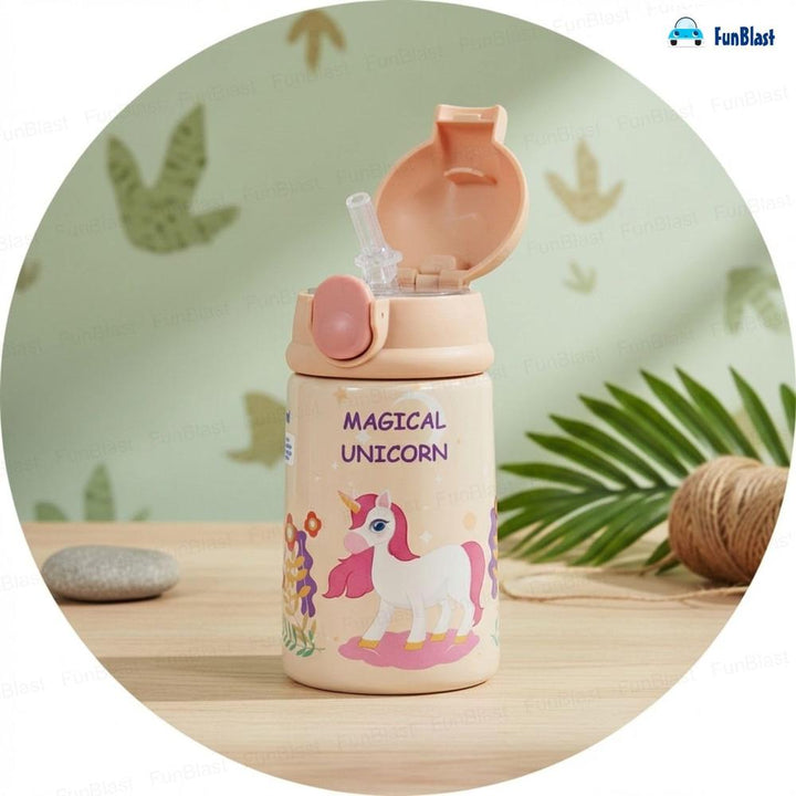 FunBlast Magical Unicorn Water Bottle for Kids | Insulated Stainless Steel Sipper Bottle with Straw | 300 ml