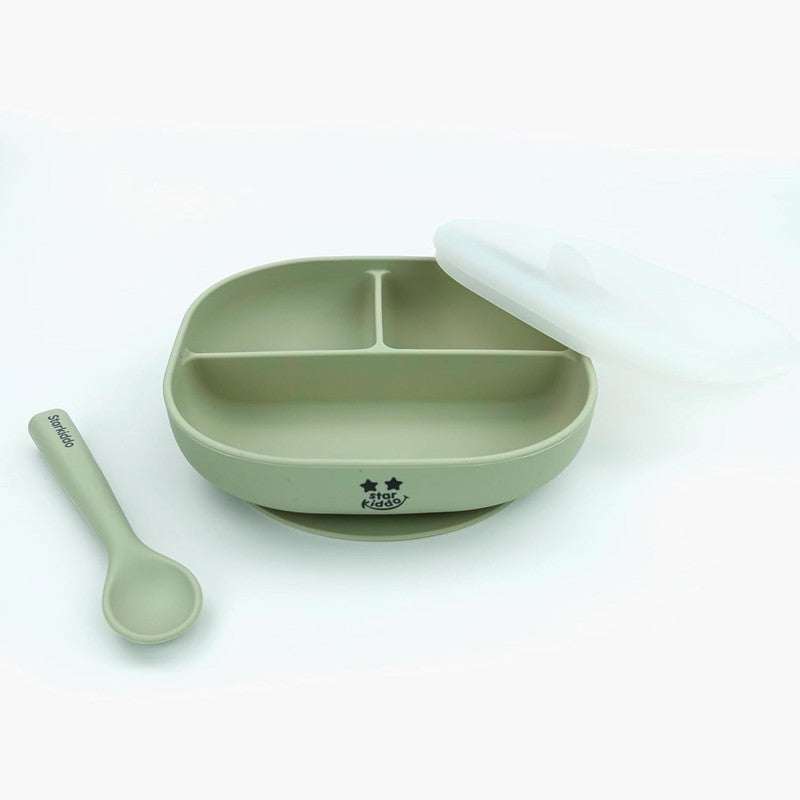 Meal Set- Suction Plates for Babies & Toddlers | Silicon Plate with Soft Spoon & Dustproof Lid | Light Green