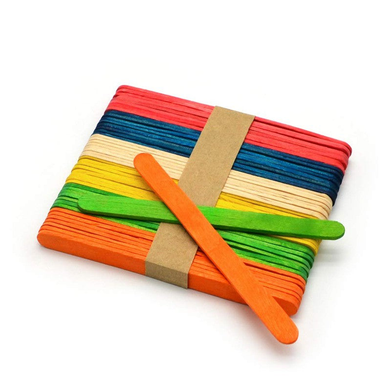 100 Wooden Multicolored Big Ice Cream Sticks | Ideal for Arts & Crafts and School Projects