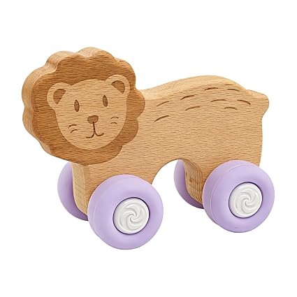 FunBlast Lion Wooden Baby Teether with Silicone Wheels | Montessori Teething Push Toy for Babies and Toddlers (Purple)