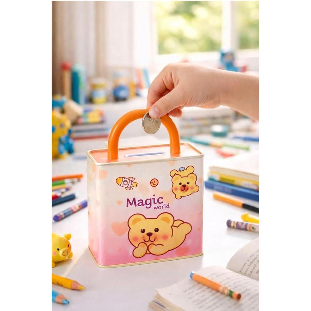 Magic World Cute Cartoon Piggy Bank with Combination Lock | Portable Money Saving & Cash Storage Box for Kids | Mini Coin Bank for Boys & Girls