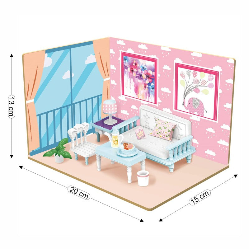 DIY Living Room Wooden Doll House with Plastic Furniture, Dollhouse