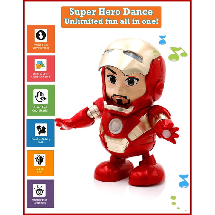 360 Degree Rotating Dancing Iron Man with Bump and Go Action, 3D Light Music and Dancing