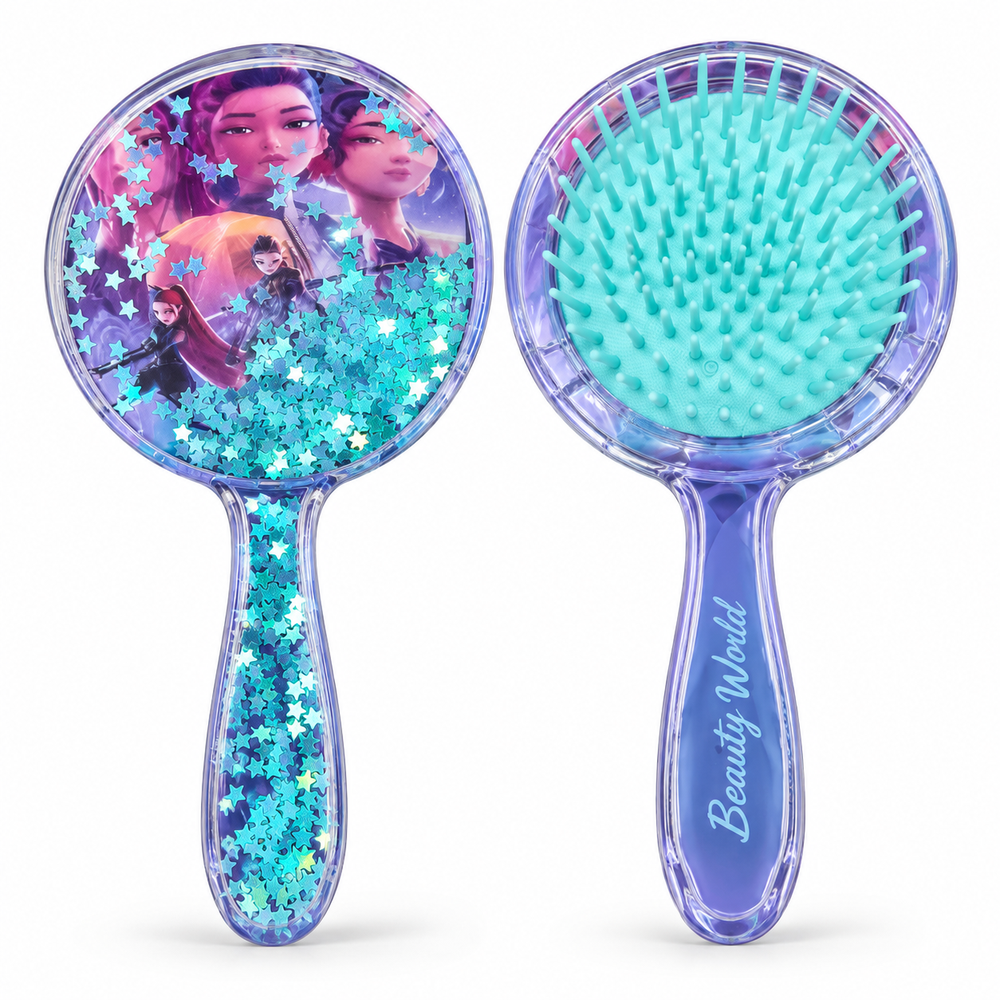 Kids Glitter Hair Brush with Star Sequins | Detangling Cushion Brush | Colourful Character Design