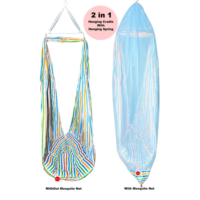 Neonate Baby Swing Cradle with Mosquito Net and Spring (Blue)