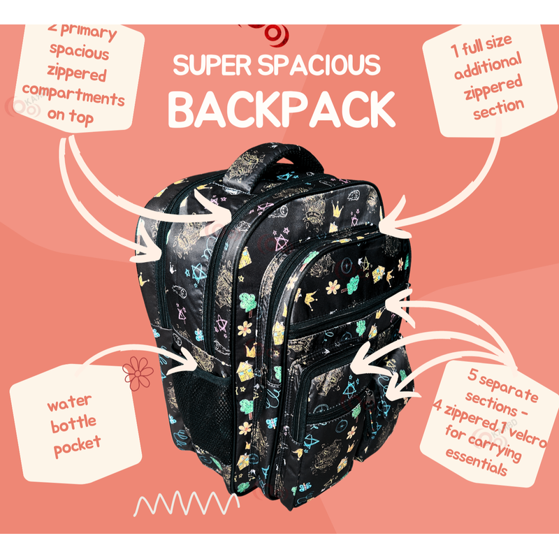 School Bag Backpack for Kids Doodle Art Design Black 16 Inches