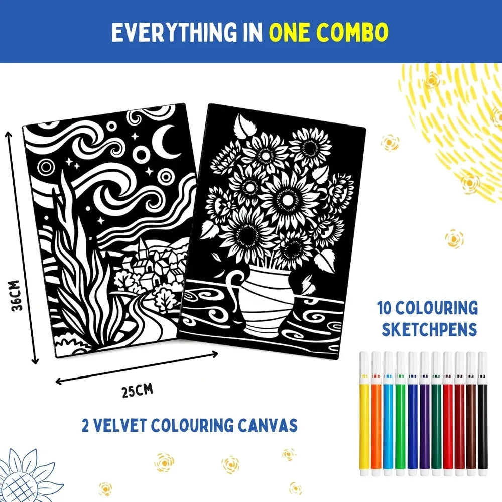 PepPlay Velvet Colouring Canvas | Set of 2 – Van Gogh Series - Sunflowers & Starry Night