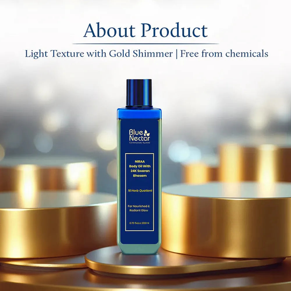 Blue Nectar Gold Shimmer Body Oil with Swarna Bhasma for Glowing Skin (16 Herbs) - 100ml