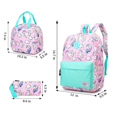 Clouds & Unicorns Matching Backpack with Lunch Bag & Stationery (Pouch Green & Pink)