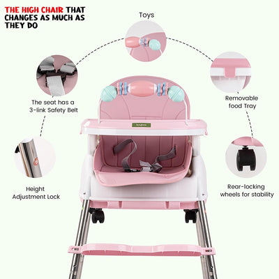 4 in 1 Nora Convertible High Chair for Kids with Adjustable Height and Footrest, Baby Toddler Feeding Booster Seat with Tray, Wheels, Safety Belt and Cushion