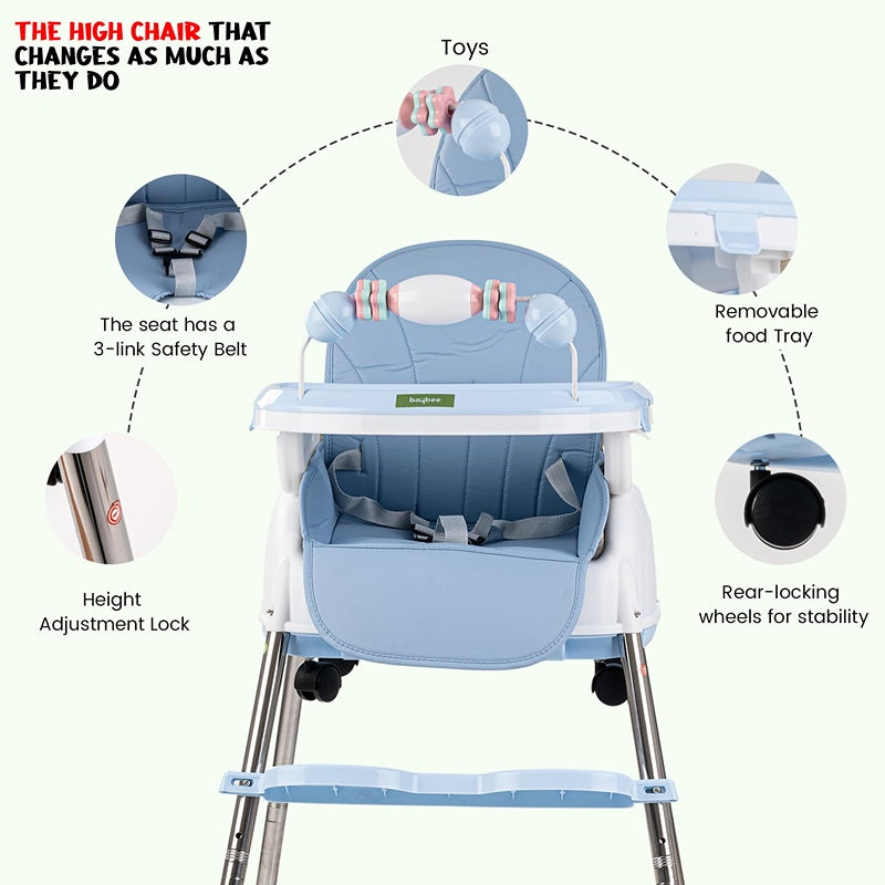 4 in 1 Nora Convertible High Chair for Kids with Adjustable Height and Footrest, Baby Toddler Feeding Booster Seat with Tray, Wheels, Safety Belt and Cushion