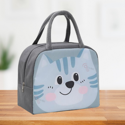 Insulated Lunch Box Bag with Aluminium Foil Insulation | Grey Colour, Blue Cat Design