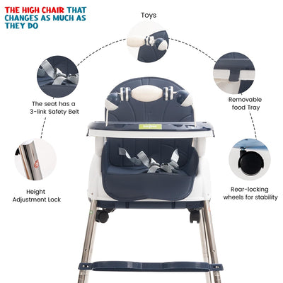 4 in 1 Nora Convertible High Chair for Kids with Adjustable Height and Footrest, Baby Toddler Feeding Booster Seat with Tray, Wheels, Safety Belt and Cushion