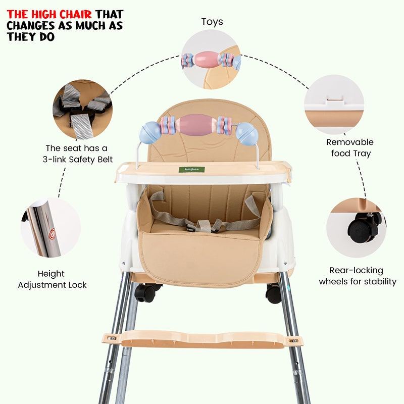 4 in 1 Nora Convertible High Chair for Kids with Adjustable Height and Footrest, Baby Toddler Feeding Booster Seat with Tray, Wheels, Safety Belt and Cushion