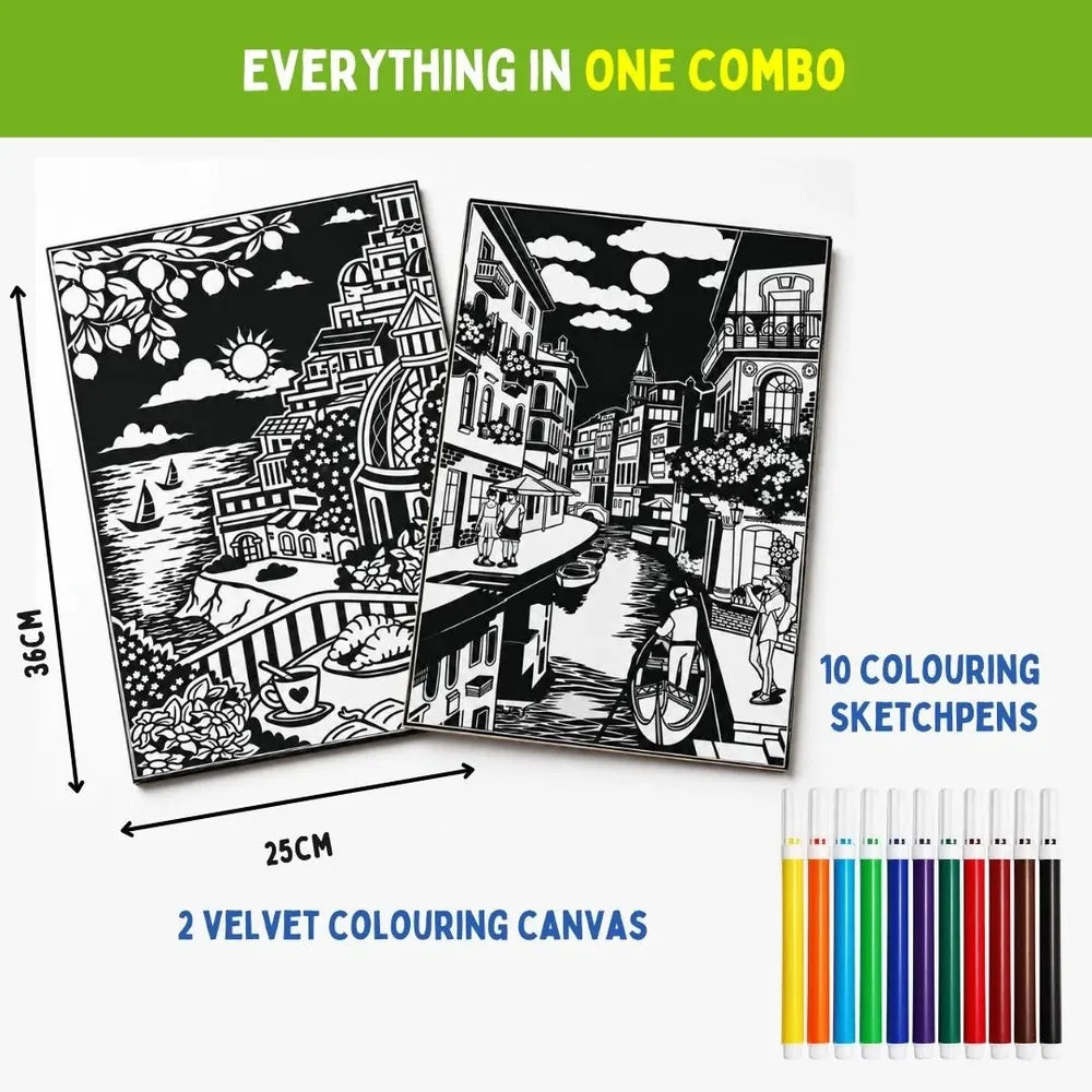 PepPlay Velvet Colouring Canvas | Set of 2 – City Scape Series - Venice & Amalfi Coast