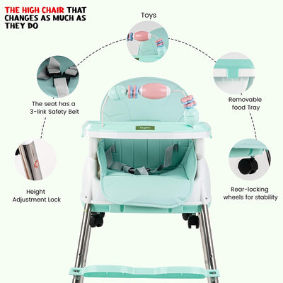 4 in 1 Nora Convertible High Chair for Kids with Adjustable Height and Footrest, Baby Toddler Feeding Booster Seat with Tray, Wheels, Safety Belt and Cushion