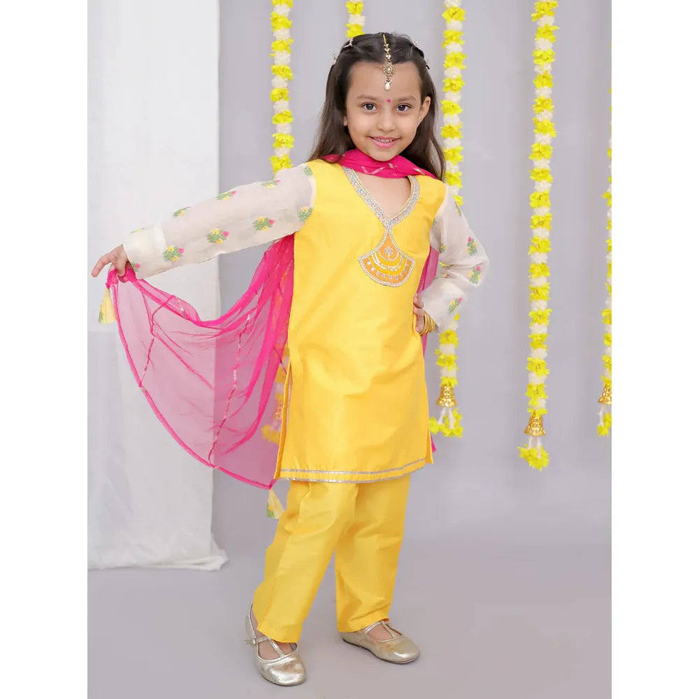 The Wishing Closet Mustard White Chanderi Emb Kurta Set - 6 Months to 5 Years